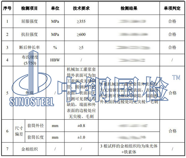 灌漿套筒檢測項目結(jié)果